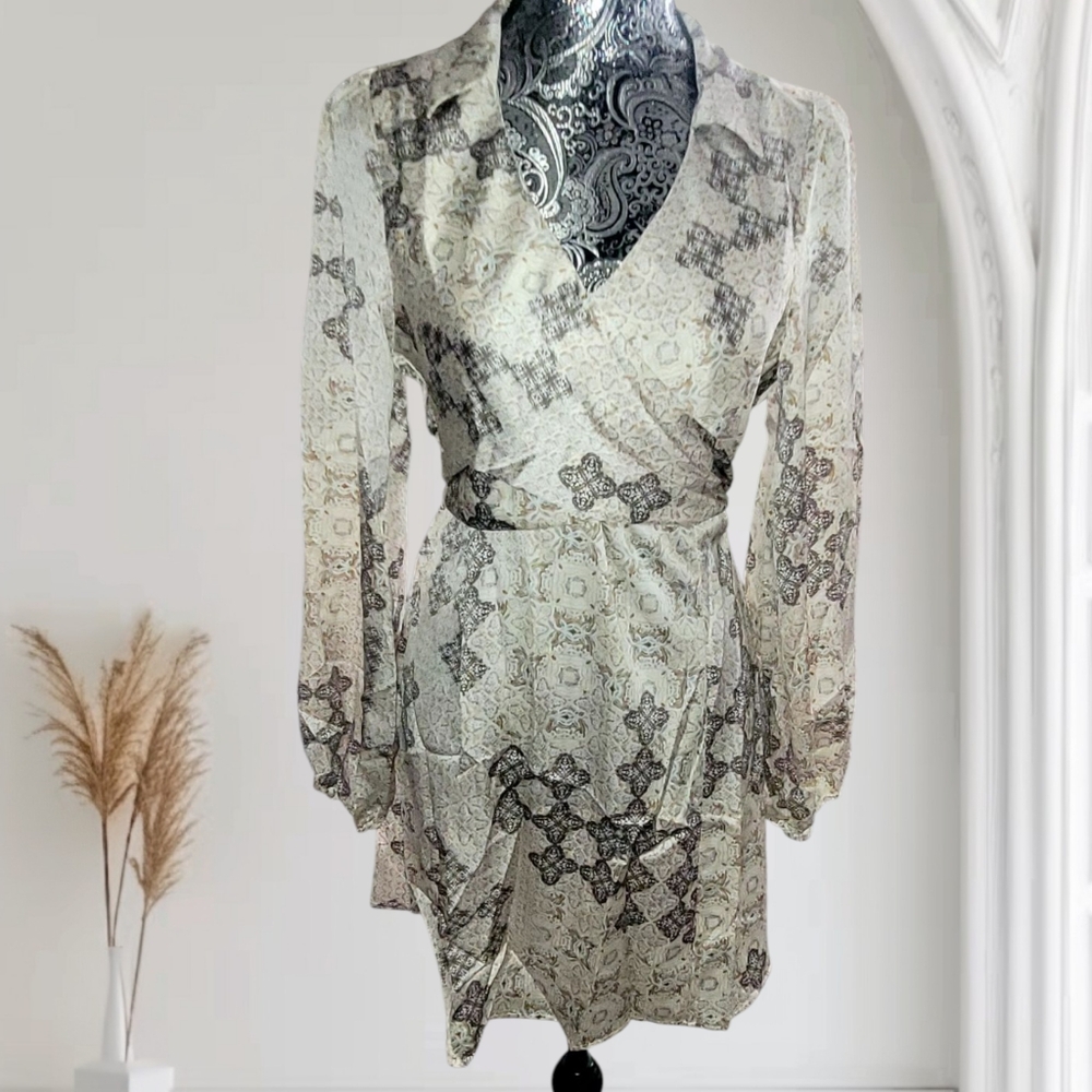 Promesa Cream And Brown Wrap Dress with Bishop Sleeves